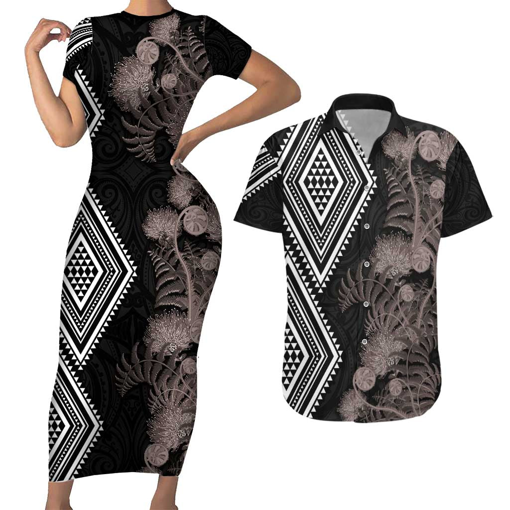 Aotearoa Tukutuku Motif Couples Matching Short Sleeve Bodycon Dress and Hawaiian Shirt Pohutukawa and Fern Leaves Grayscale Color