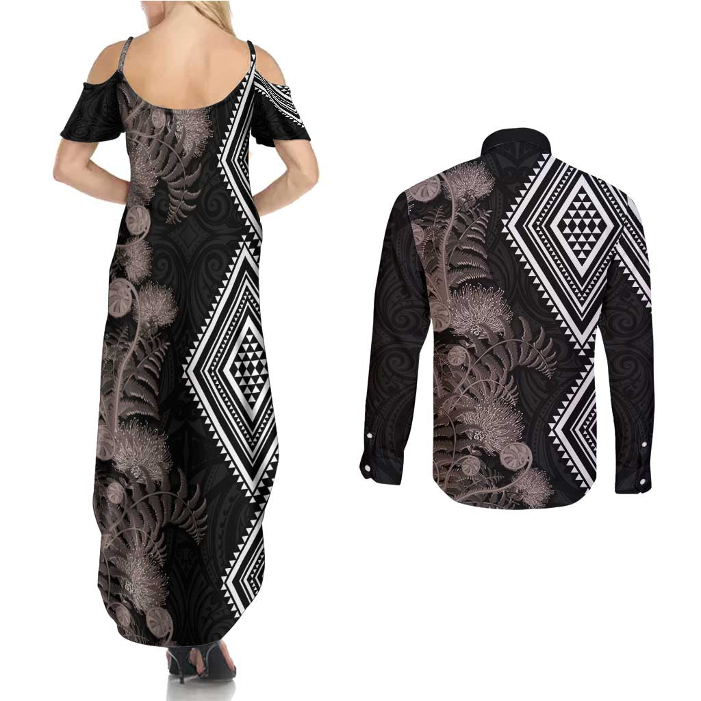 Aotearoa Tukutuku Motif Couples Matching Summer Maxi Dress and Long Sleeve Button Shirt Pohutukawa and Fern Leaves Grayscale Color LT03 - Polynesian Pride