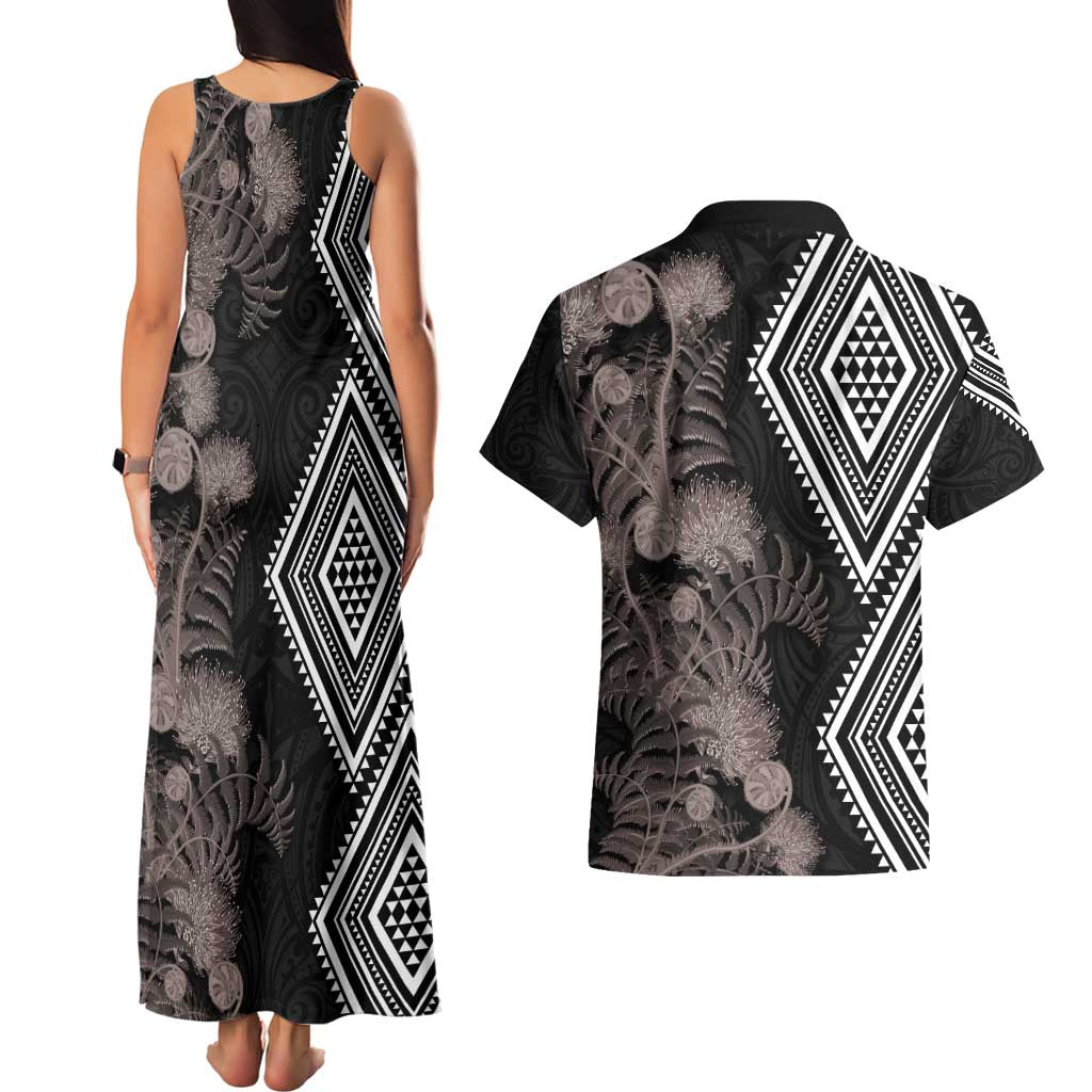 Aotearoa Tukutuku Motif Couples Matching Tank Maxi Dress and Hawaiian Shirt Pohutukawa and Fern Leaves Grayscale Color