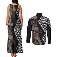 Aotearoa Tukutuku Motif Couples Matching Tank Maxi Dress and Long Sleeve Button Shirt Pohutukawa and Fern Leaves Grayscale Color LT03 - Polynesian Pride