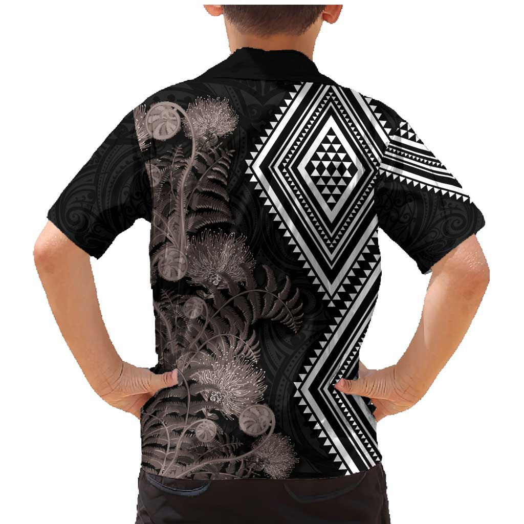 Aotearoa Tukutuku Motif Family Matching Mermaid Dress and Hawaiian Shirt Pohutukawa and Fern Leaves Grayscale Color