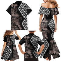 Aotearoa Tukutuku Motif Family Matching Mermaid Dress and Hawaiian Shirt Pohutukawa and Fern Leaves Grayscale Color