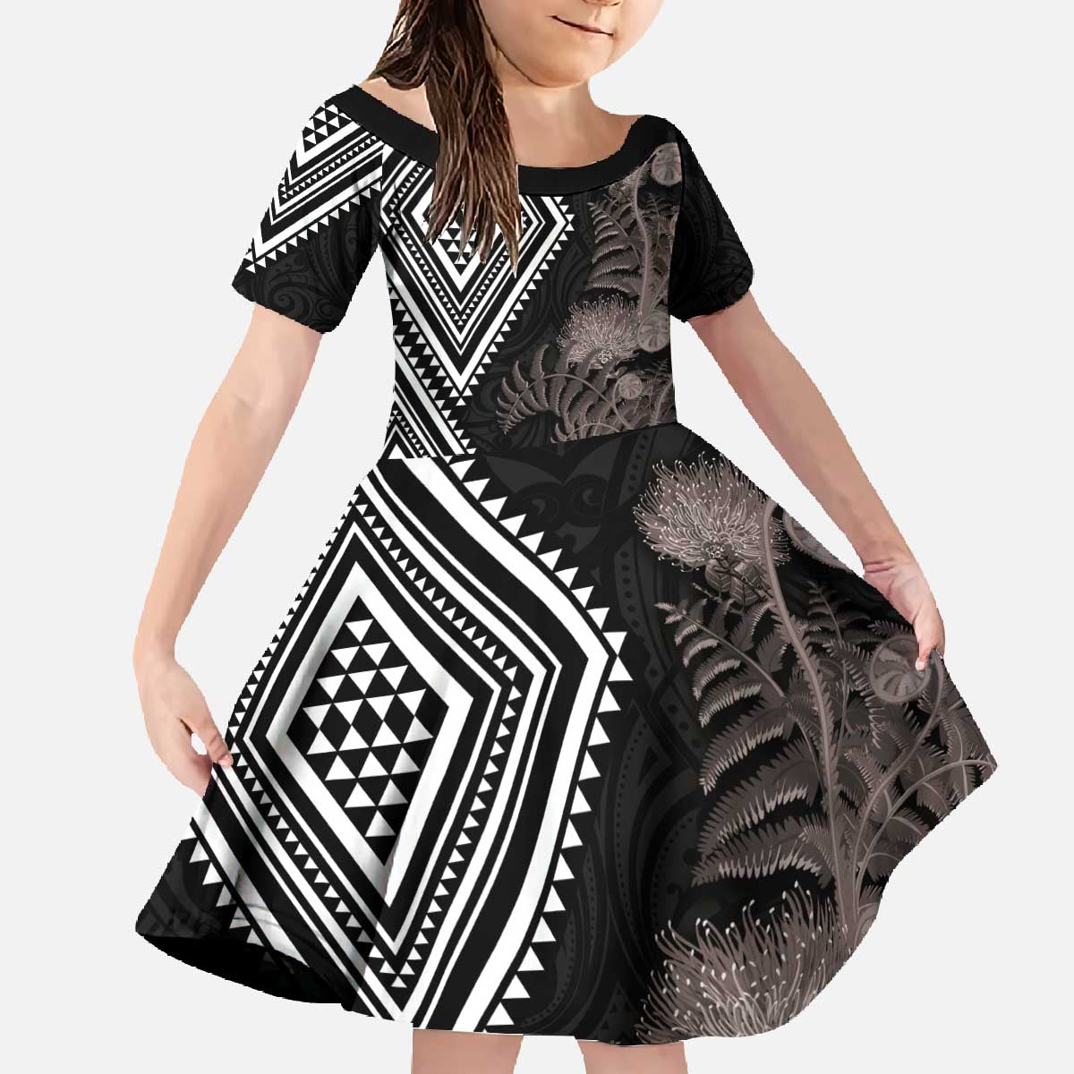 Aotearoa Tukutuku Motif Family Matching Off The Shoulder Long Sleeve Dress and Hawaiian Shirt Pohutukawa and Fern Leaves Grayscale Color