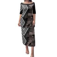 Aotearoa Tukutuku Motif Family Matching Puletasi and Hawaiian Shirt Pohutukawa and Fern Leaves Grayscale Color