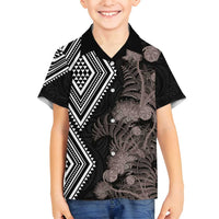 Aotearoa Tukutuku Motif Family Matching Puletasi and Hawaiian Shirt Pohutukawa and Fern Leaves Grayscale Color