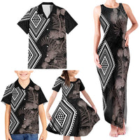 Aotearoa Tukutuku Motif Family Matching Tank Maxi Dress and Hawaiian Shirt Pohutukawa and Fern Leaves Grayscale Color