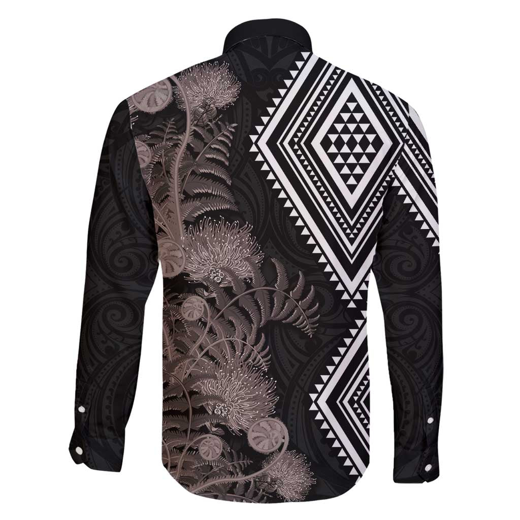 Aotearoa Tukutuku Motif Family Matching Tank Maxi Dress and Hawaiian Shirt Pohutukawa and Fern Leaves Grayscale Color