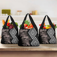 Aotearoa Tukutuku Motif Grocery Bag Pohutukawa and Fern Leaves Grayscale Color