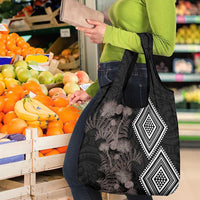 Aotearoa Tukutuku Motif Grocery Bag Pohutukawa and Fern Leaves Grayscale Color