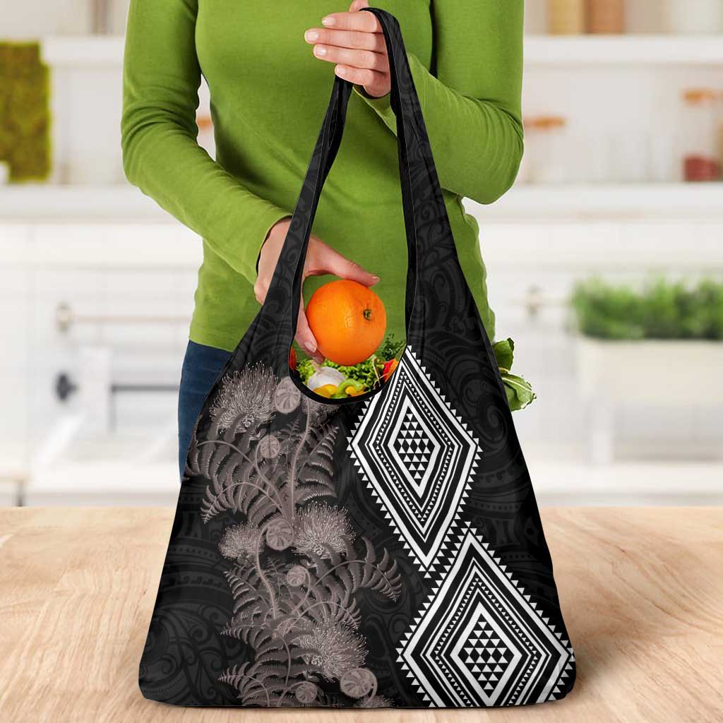 Aotearoa Tukutuku Motif Grocery Bag Pohutukawa and Fern Leaves Grayscale Color