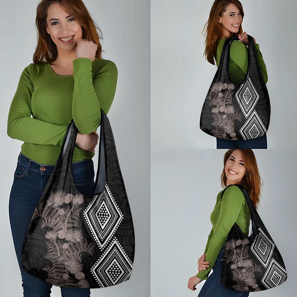 Aotearoa Tukutuku Motif Grocery Bag Pohutukawa and Fern Leaves Grayscale Color