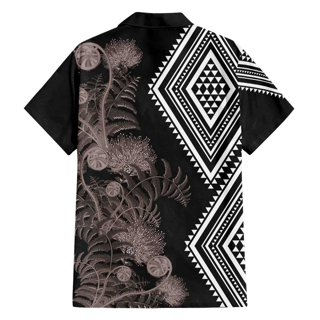 Aotearoa Tukutuku Motif Hawaiian Shirt Pohutukawa and Fern Leaves Grayscale Color