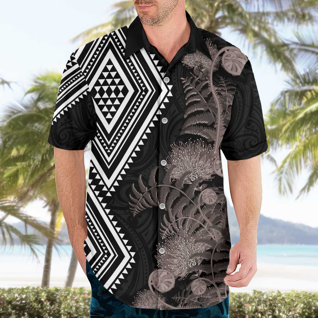 Aotearoa Tukutuku Motif Hawaiian Shirt Pohutukawa and Fern Leaves Grayscale Color