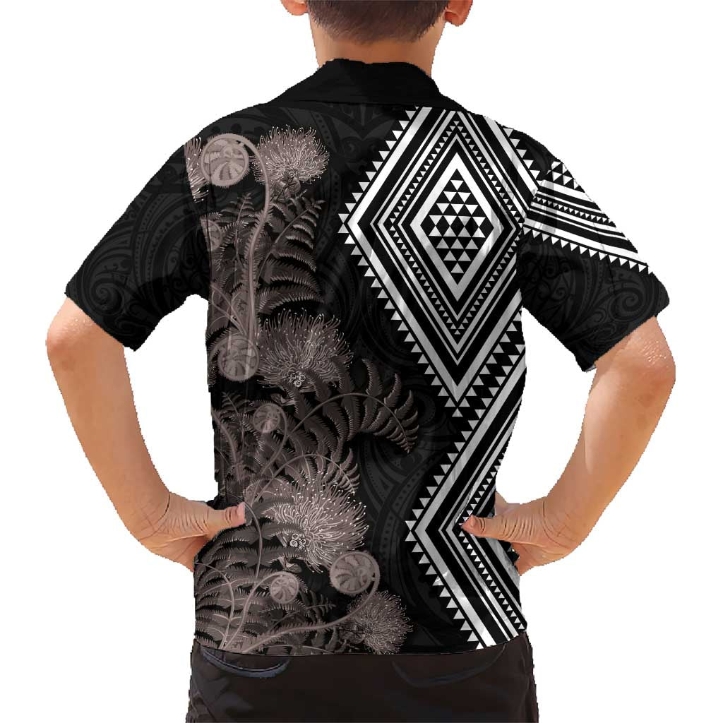 Aotearoa Tukutuku Motif Hawaiian Shirt Pohutukawa and Fern Leaves Grayscale Color
