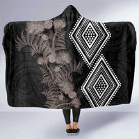 Aotearoa Tukutuku Motif Hooded Blanket Pohutukawa and Fern Leaves Grayscale Color LT03 One Size Black - Polynesian Pride