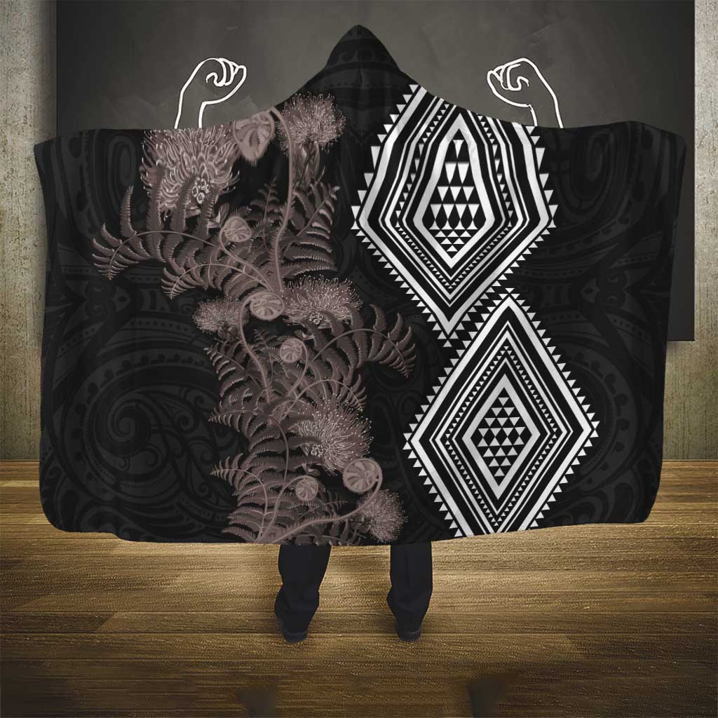 Aotearoa Tukutuku Motif Hooded Blanket Pohutukawa and Fern Leaves Grayscale Color LT03 - Polynesian Pride
