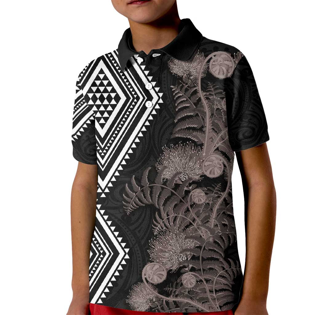 Aotearoa Tukutuku Motif Kid Polo Shirt Pohutukawa and Fern Leaves Grayscale Color