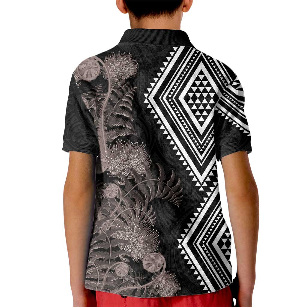 Aotearoa Tukutuku Motif Kid Polo Shirt Pohutukawa and Fern Leaves Grayscale Color