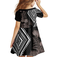 Aotearoa Tukutuku Motif Kid Short Sleeve Dress Pohutukawa and Fern Leaves Grayscale Color LT03 - Polynesian Pride