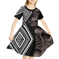Aotearoa Tukutuku Motif Kid Short Sleeve Dress Pohutukawa and Fern Leaves Grayscale Color LT03 - Polynesian Pride