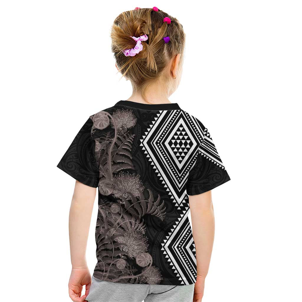Aotearoa Tukutuku Motif Kid T Shirt Pohutukawa and Fern Leaves Grayscale Color