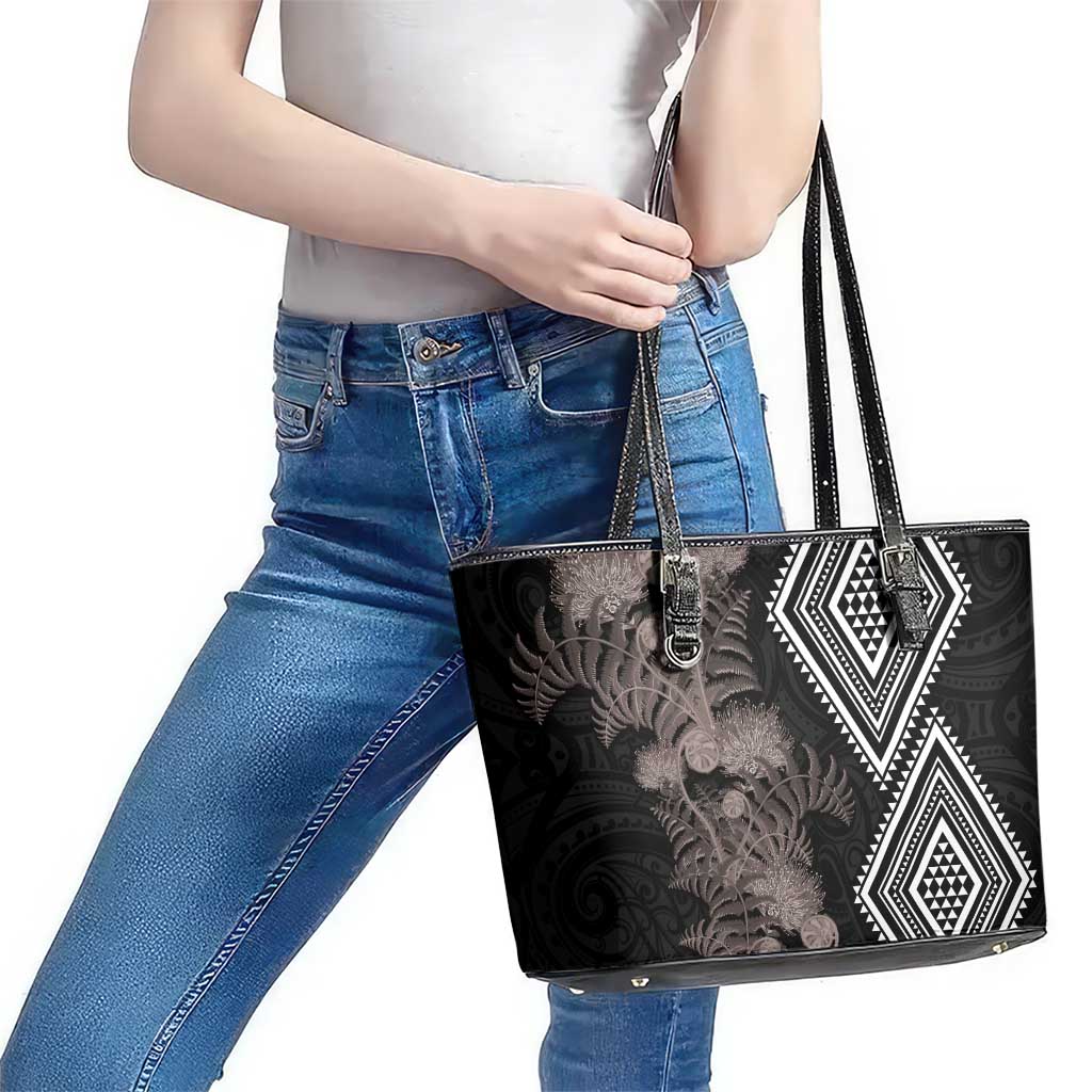 Aotearoa Tukutuku Motif Leather Tote Bag Pohutukawa and Fern Leaves Grayscale Color