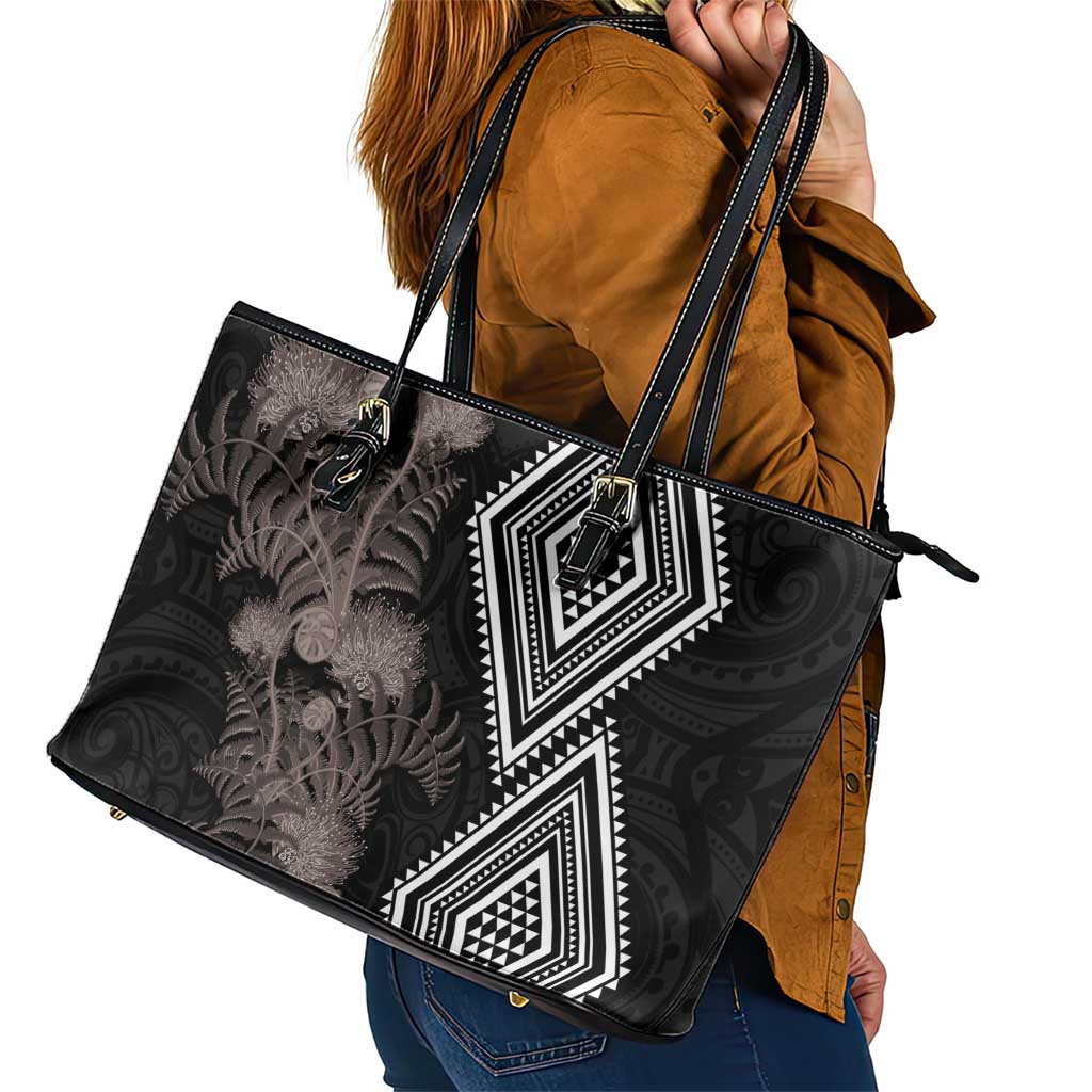 Aotearoa Tukutuku Motif Leather Tote Bag Pohutukawa and Fern Leaves Grayscale Color