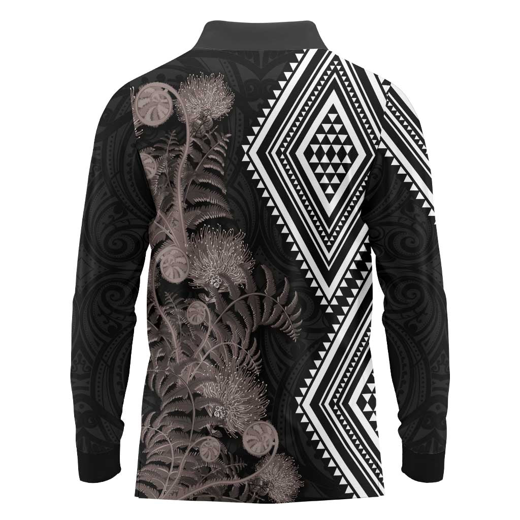 Aotearoa Tukutuku Motif Long Sleeve Polo Shirt Pohutukawa and Fern Leaves Grayscale Color LT03 - Polynesian Pride