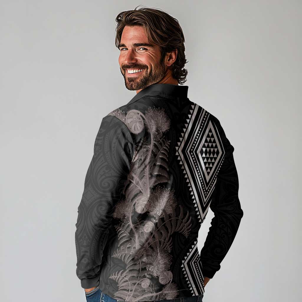 Aotearoa Tukutuku Motif Long Sleeve Polo Shirt Pohutukawa and Fern Leaves Grayscale Color LT03 - Polynesian Pride