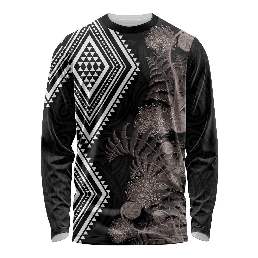 Aotearoa Tukutuku Motif Long Sleeve Shirt Pohutukawa and Fern Leaves Grayscale Color