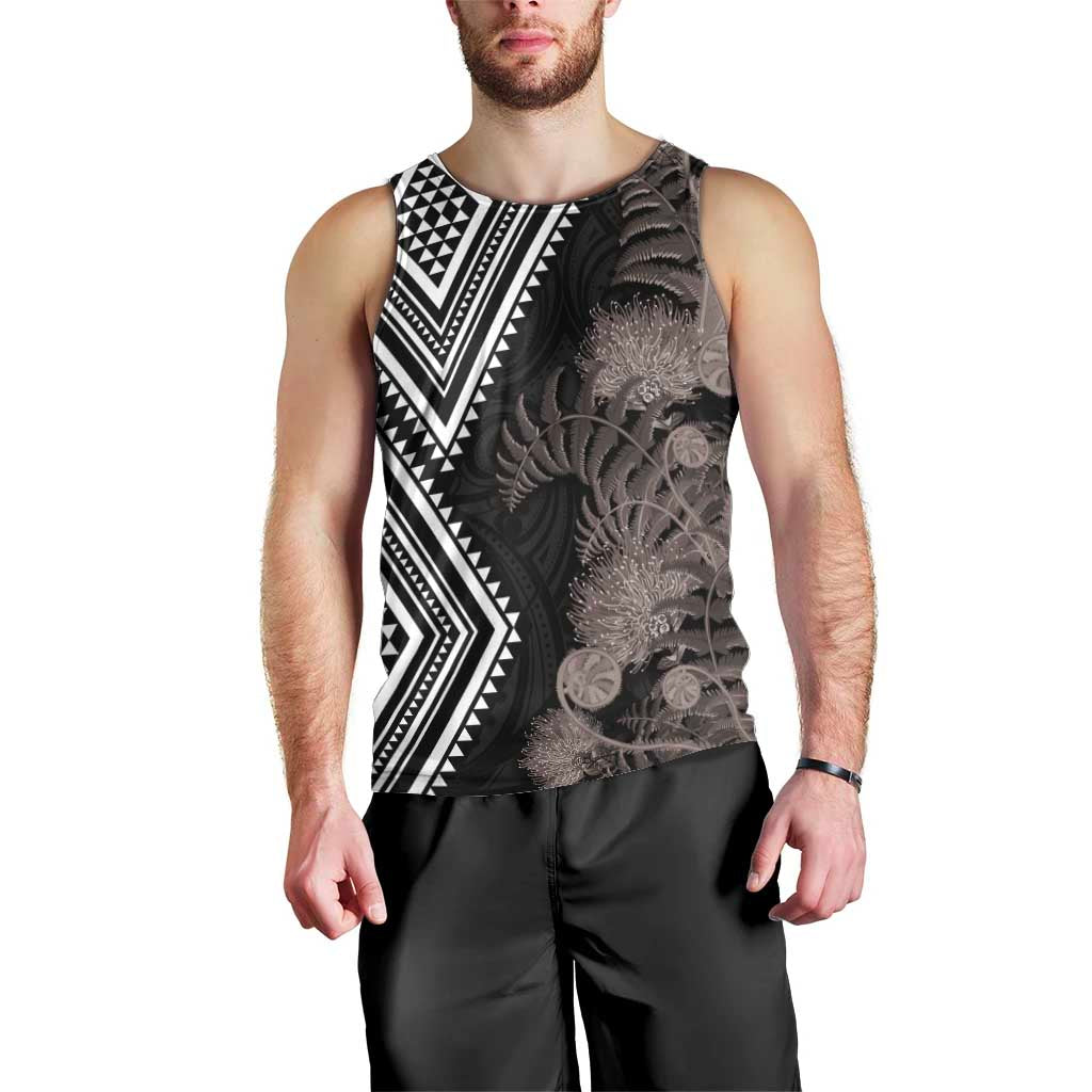 Aotearoa Tukutuku Motif Men Tank Top Pohutukawa and Fern Leaves Grayscale Color