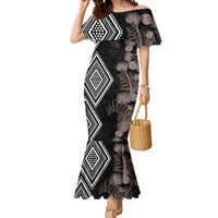 Aotearoa Tukutuku Motif Mermaid Dress Pohutukawa and Fern Leaves Grayscale Color