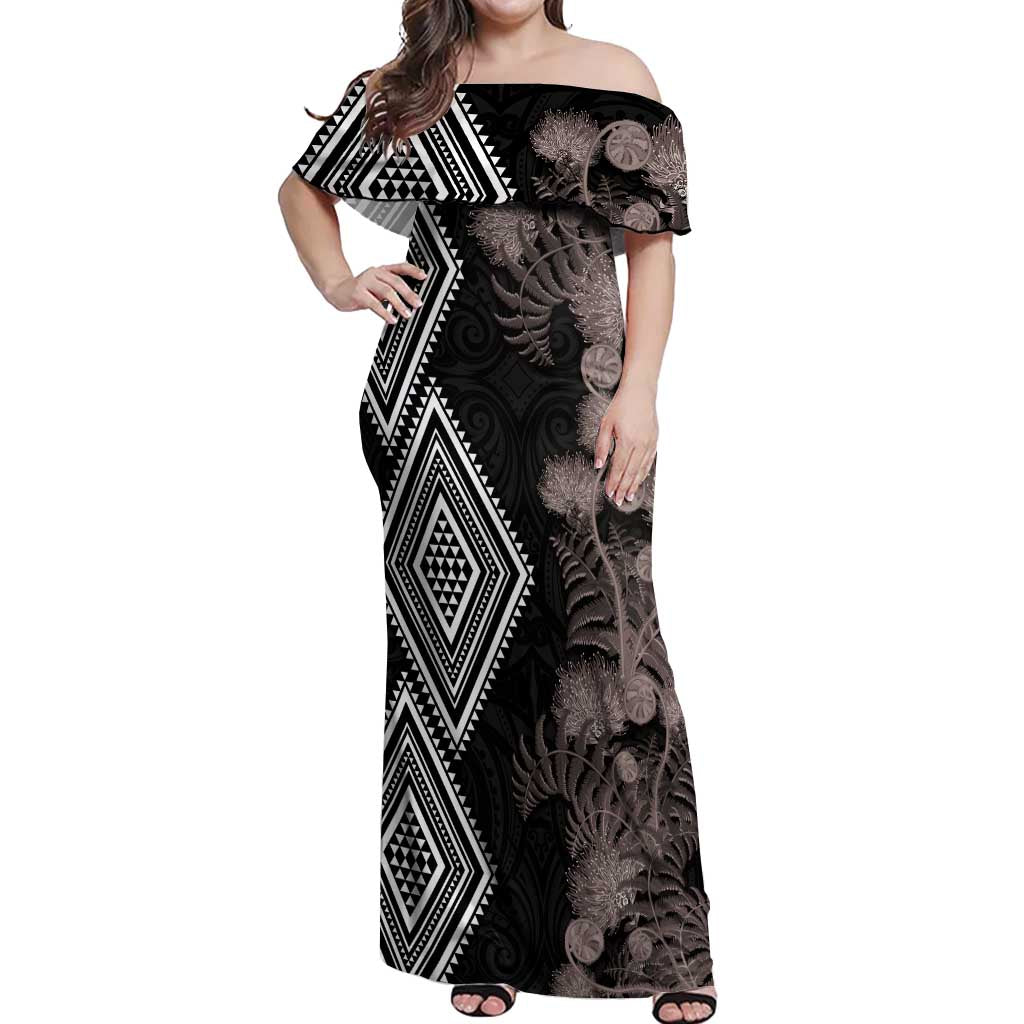 Aotearoa Tukutuku Motif Off Shoulder Maxi Dress Pohutukawa and Fern Leaves Grayscale Color LT03 Women Black - Polynesian Pride