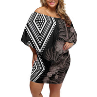 Aotearoa Tukutuku Motif Off Shoulder Short Dress Pohutukawa and Fern Leaves Grayscale Color LT03 Women Black - Polynesian Pride