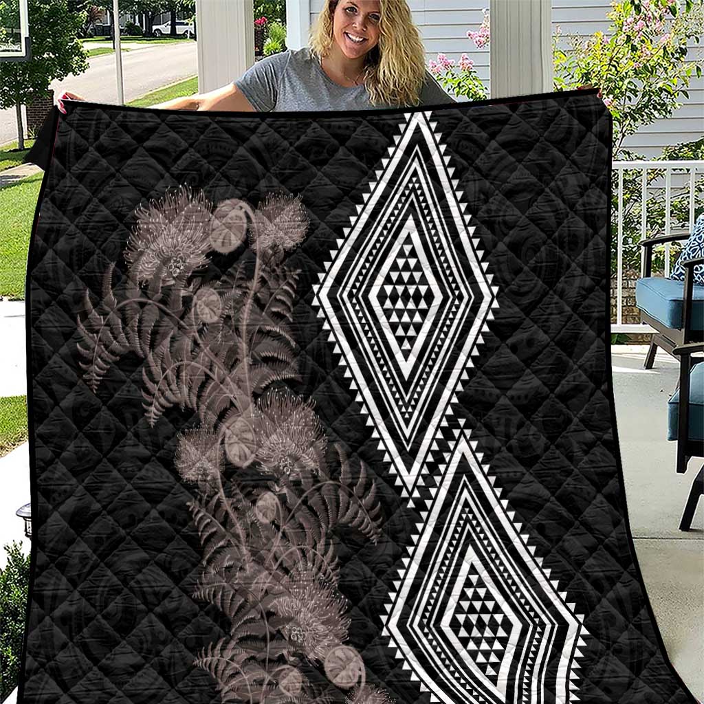 Aotearoa Tukutuku Motif Quilt Pohutukawa and Fern Leaves Grayscale Color LT03 Black - Polynesian Pride