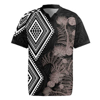 Aotearoa Tukutuku Motif Rugby Jersey Pohutukawa and Fern Leaves Grayscale Color