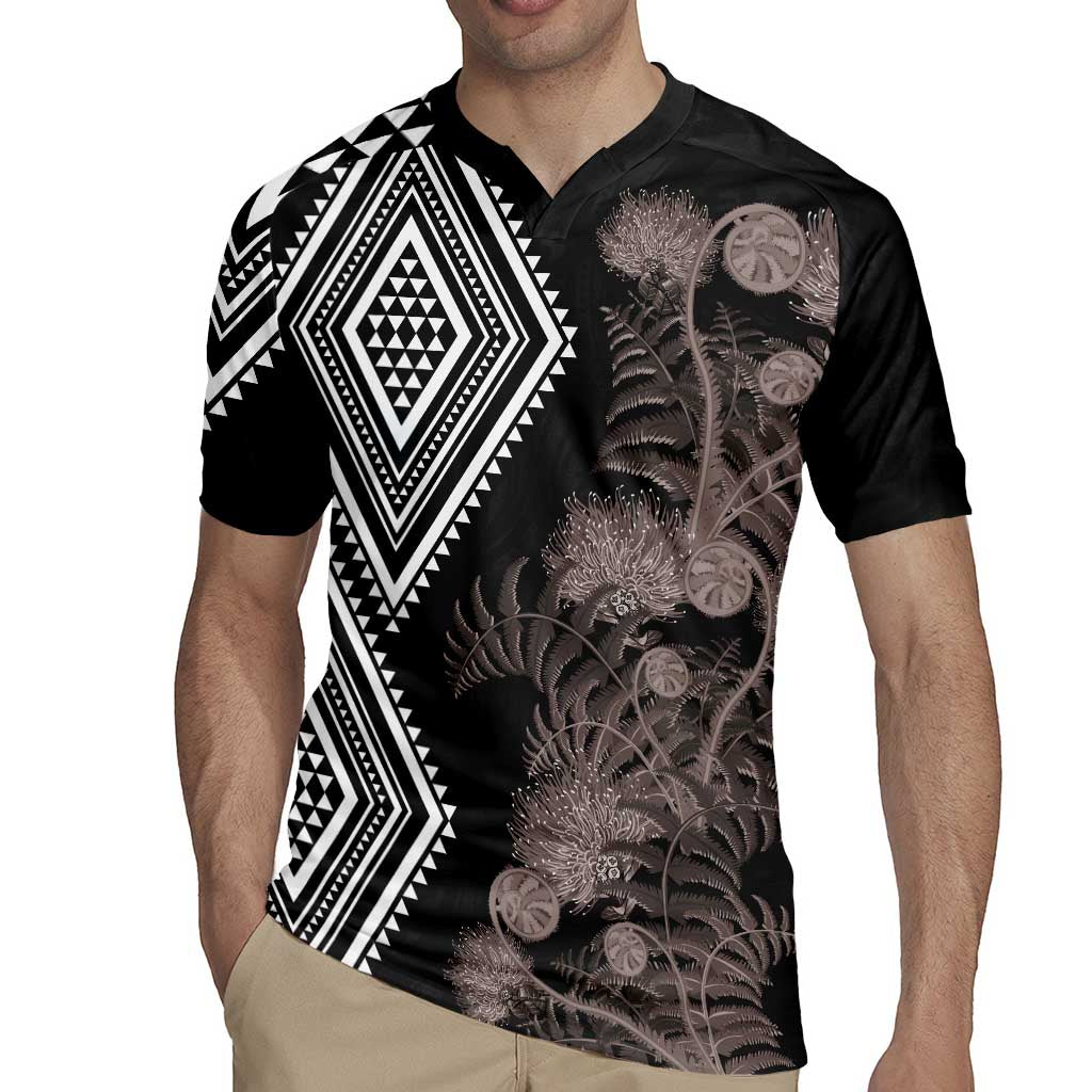 Aotearoa Tukutuku Motif Rugby Jersey Pohutukawa and Fern Leaves Grayscale Color
