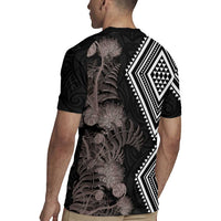 Aotearoa Tukutuku Motif Rugby Jersey Pohutukawa and Fern Leaves Grayscale Color