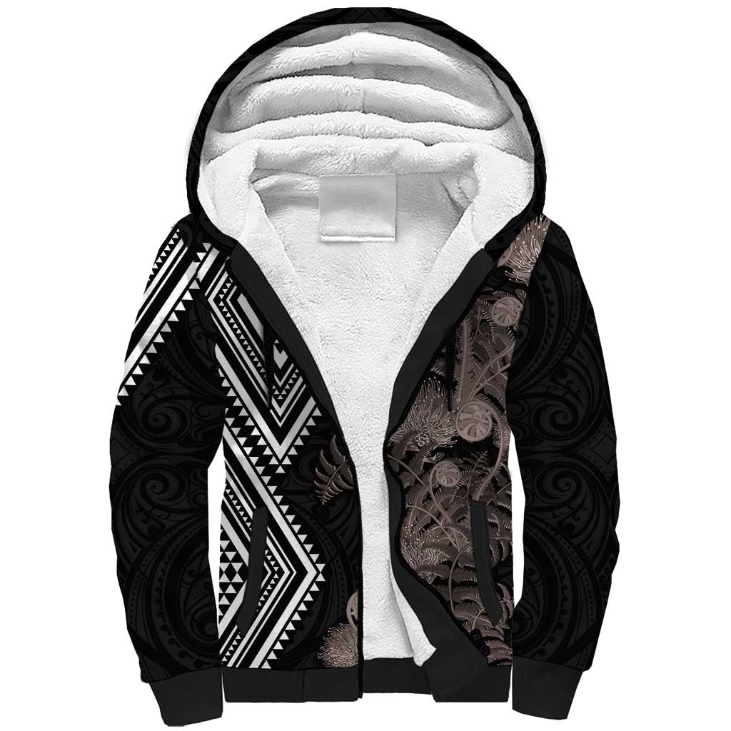 Aotearoa Tukutuku Motif Sherpa Hoodie Pohutukawa and Fern Leaves Grayscale Color