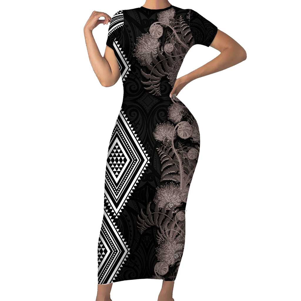 Aotearoa Tukutuku Motif Short Sleeve Bodycon Dress Pohutukawa and Fern Leaves Grayscale Color