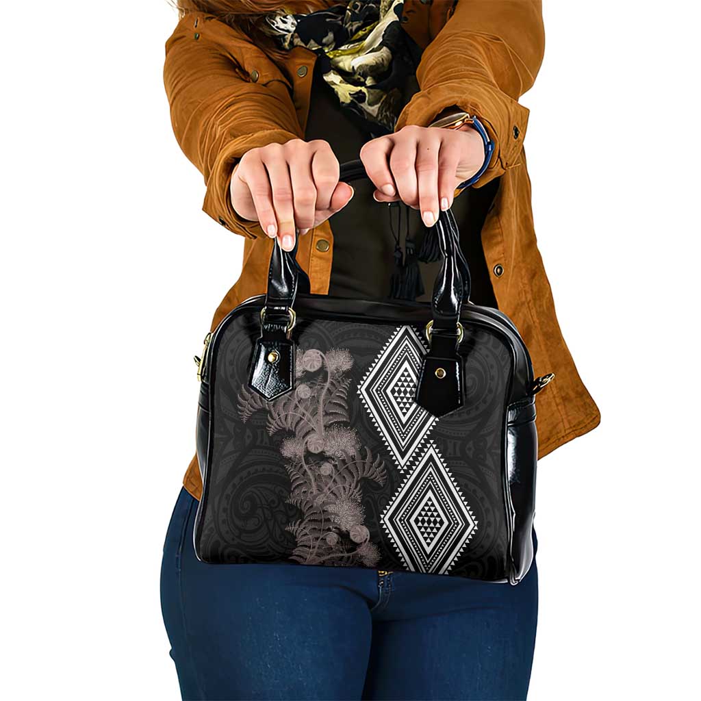 Aotearoa Tukutuku Motif Shoulder Handbag Pohutukawa and Fern Leaves Grayscale Color