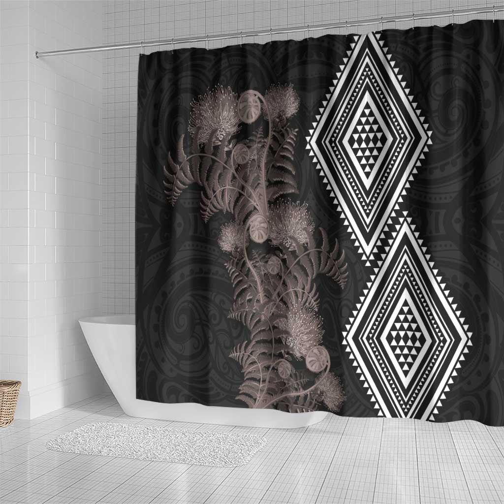 Aotearoa Tukutuku Motif Shower Curtain Pohutukawa and Fern Leaves Grayscale Color