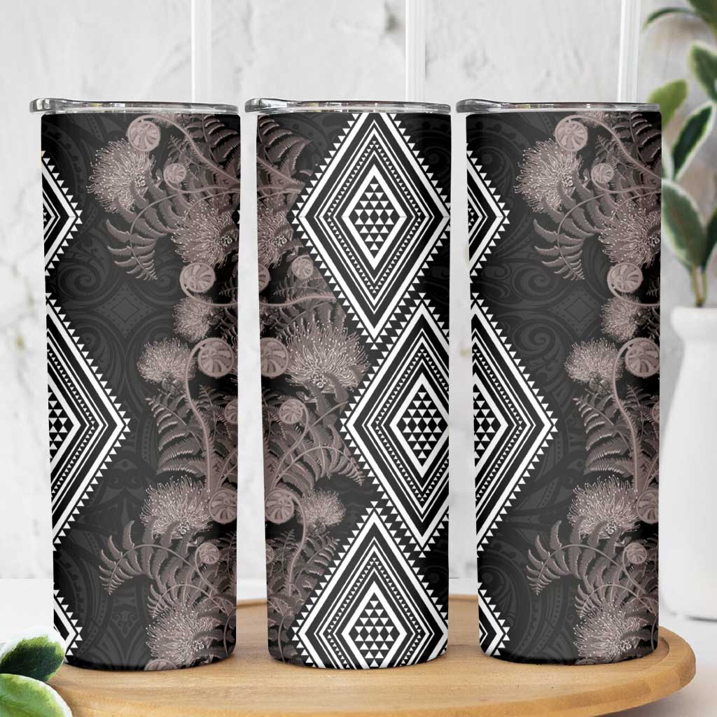 Aotearoa Tukutuku Motif Skinny Tumbler Pohutukawa and Fern Leaves Grayscale Color LT03 - Polynesian Pride