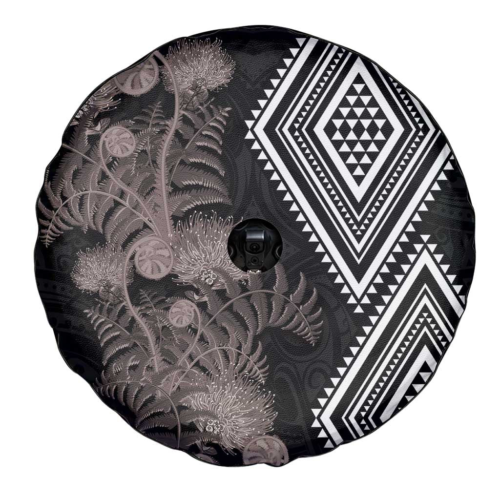 Aotearoa Tukutuku Motif Spare Tire Cover Pohutukawa and Fern Leaves Grayscale Color