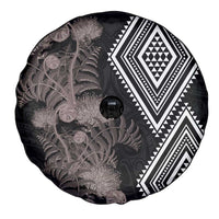 Aotearoa Tukutuku Motif Spare Tire Cover Pohutukawa and Fern Leaves Grayscale Color