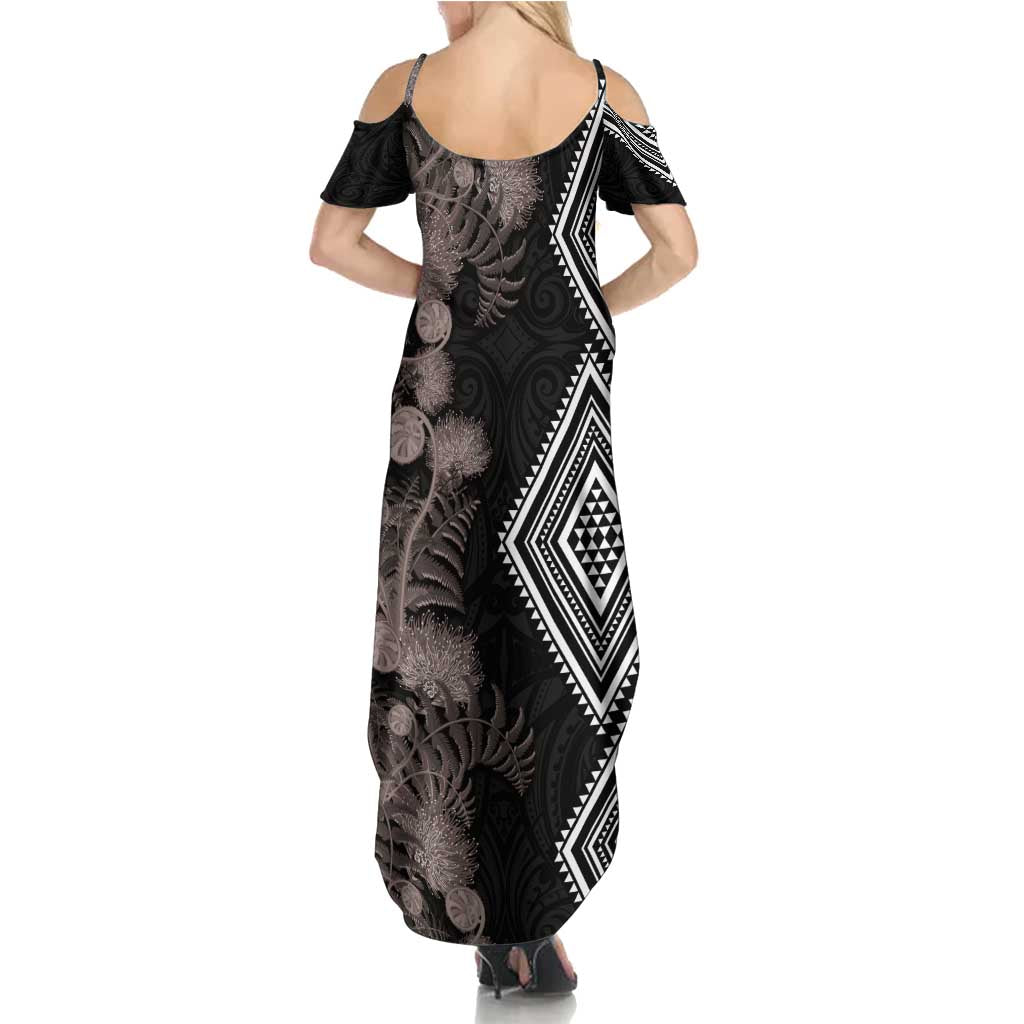 Aotearoa Tukutuku Motif Summer Maxi Dress Pohutukawa and Fern Leaves Grayscale Color LT03 - Polynesian Pride