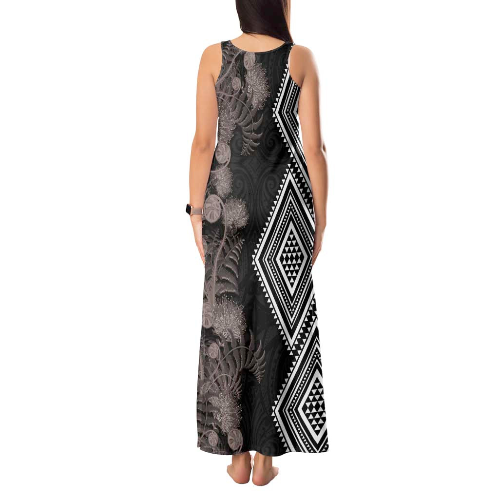 Aotearoa Tukutuku Motif Tank Maxi Dress Pohutukawa and Fern Leaves Grayscale Color LT03 - Polynesian Pride