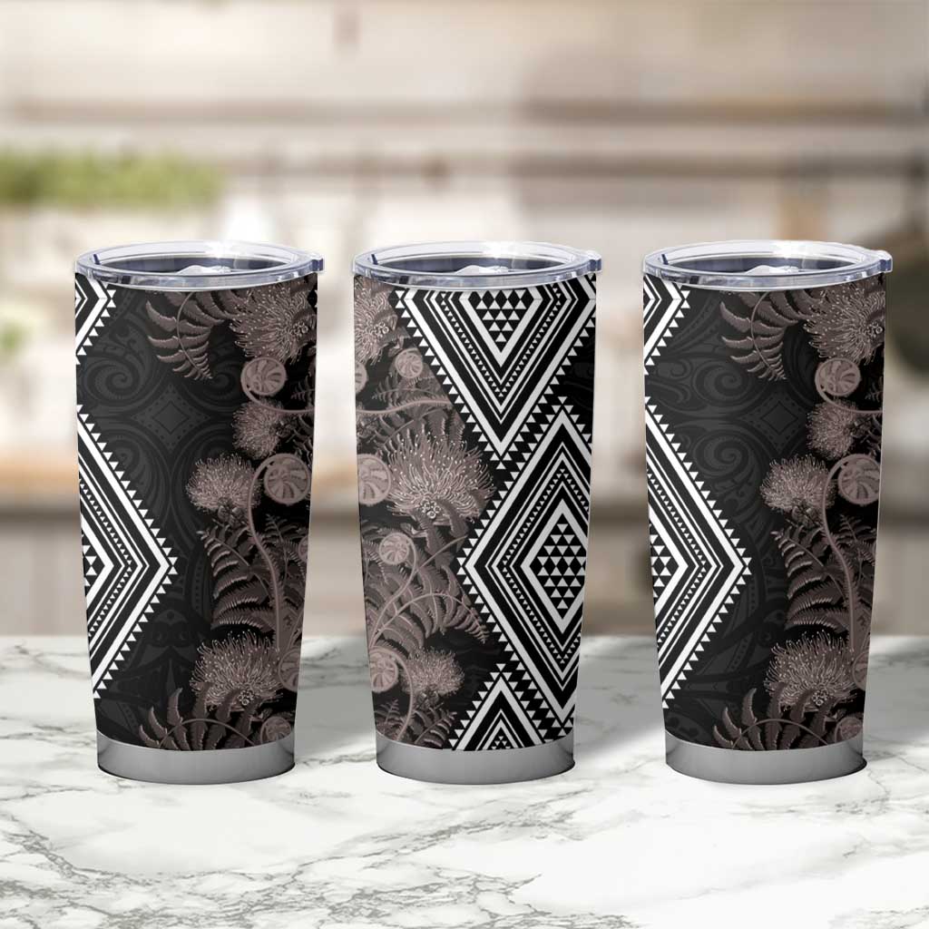 Aotearoa Tukutuku Motif Tumbler Cup Pohutukawa and Fern Leaves Grayscale Color