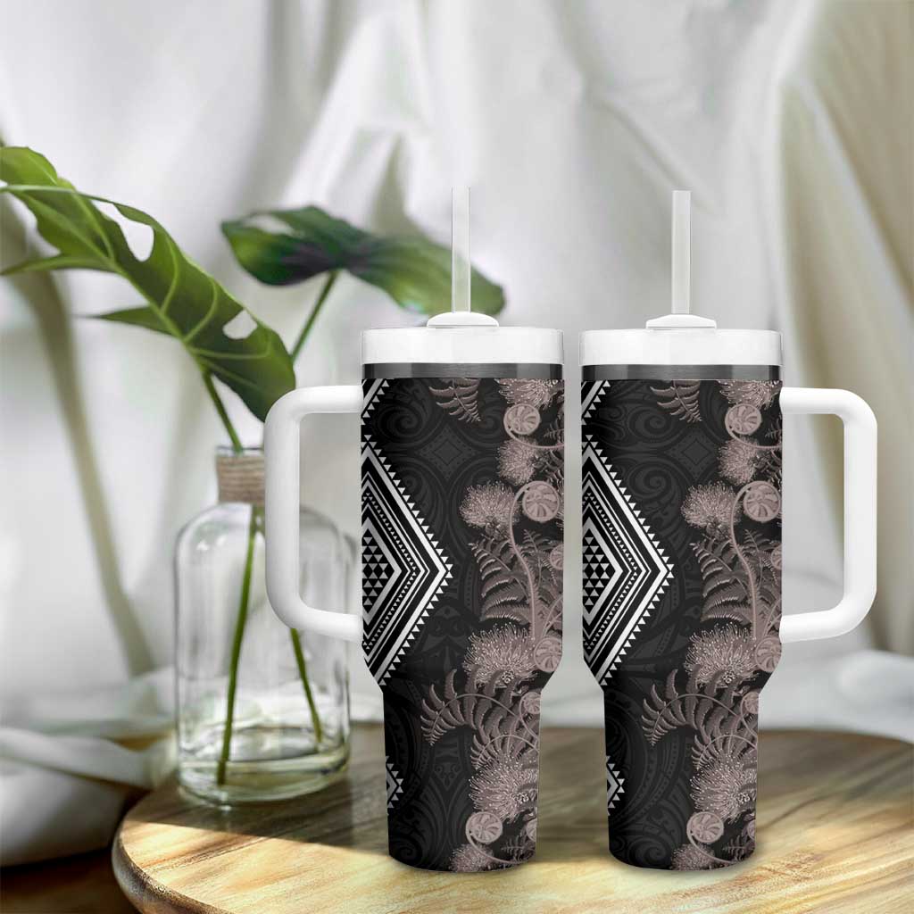 Aotearoa Tukutuku Motif Tumbler With Handle Pohutukawa and Fern Leaves Grayscale Color