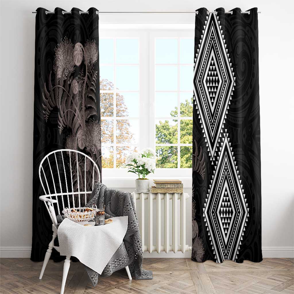Aotearoa Tukutuku Motif Window Curtain Pohutukawa and Fern Leaves Grayscale Color